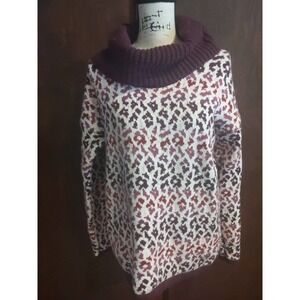 Lands End Womens Medium 10-12 Cowl Neck Sweater Purple Animal Leopard Mob Wife